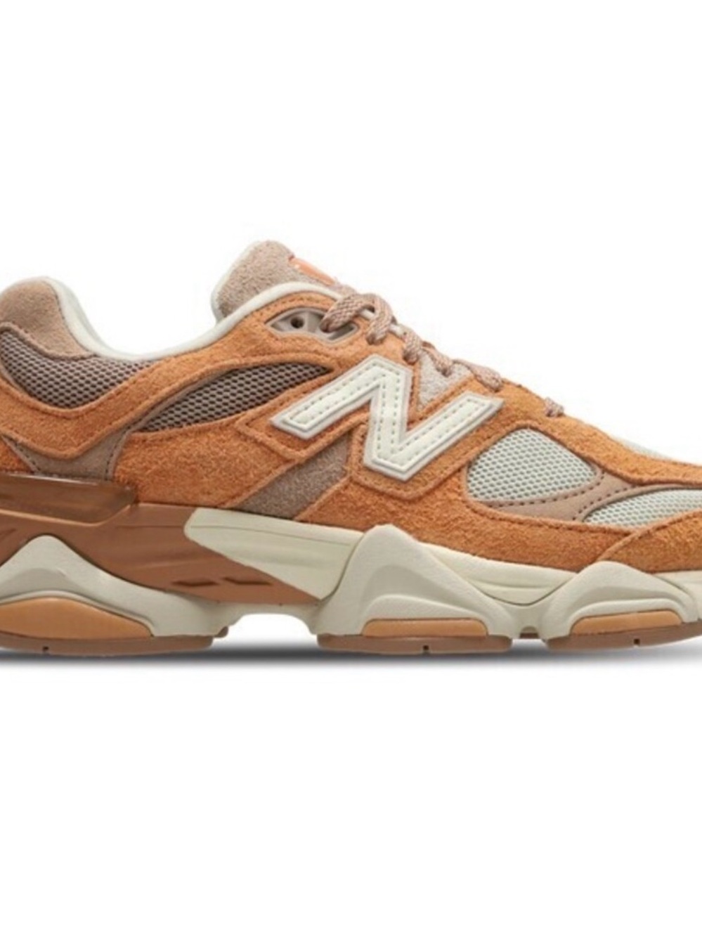 New Balance 9060 Shoes in Orange, taupe, and cream
